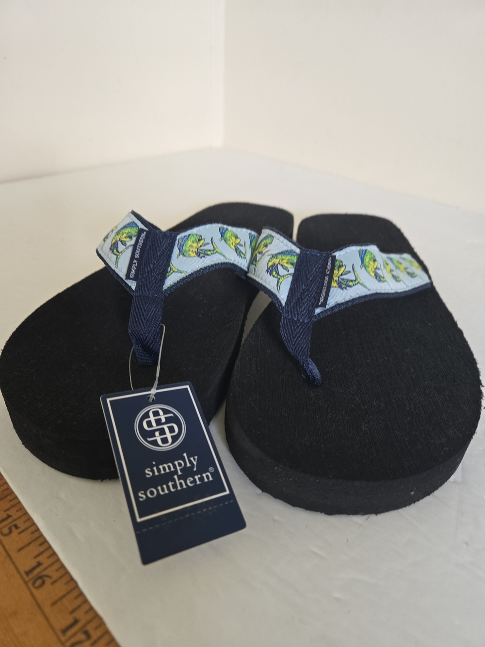 Simply Southern Black Flip Flops with Blue and Green Fish Strap XL 11-12 New